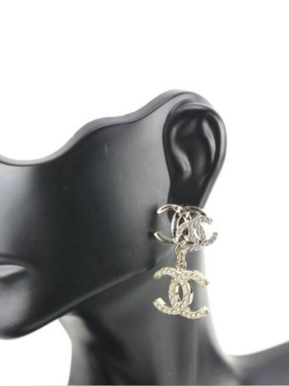 ChaneI Triple C Drop Earrings Metal with Crystals and Faux Pearls